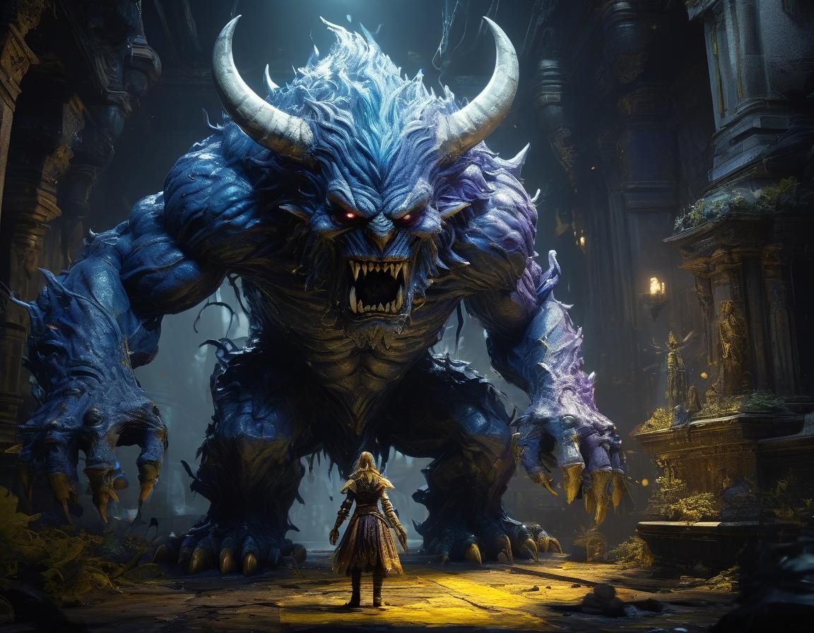 Menacing Monster Frightens Girl: Dark Fantasy Concept Art