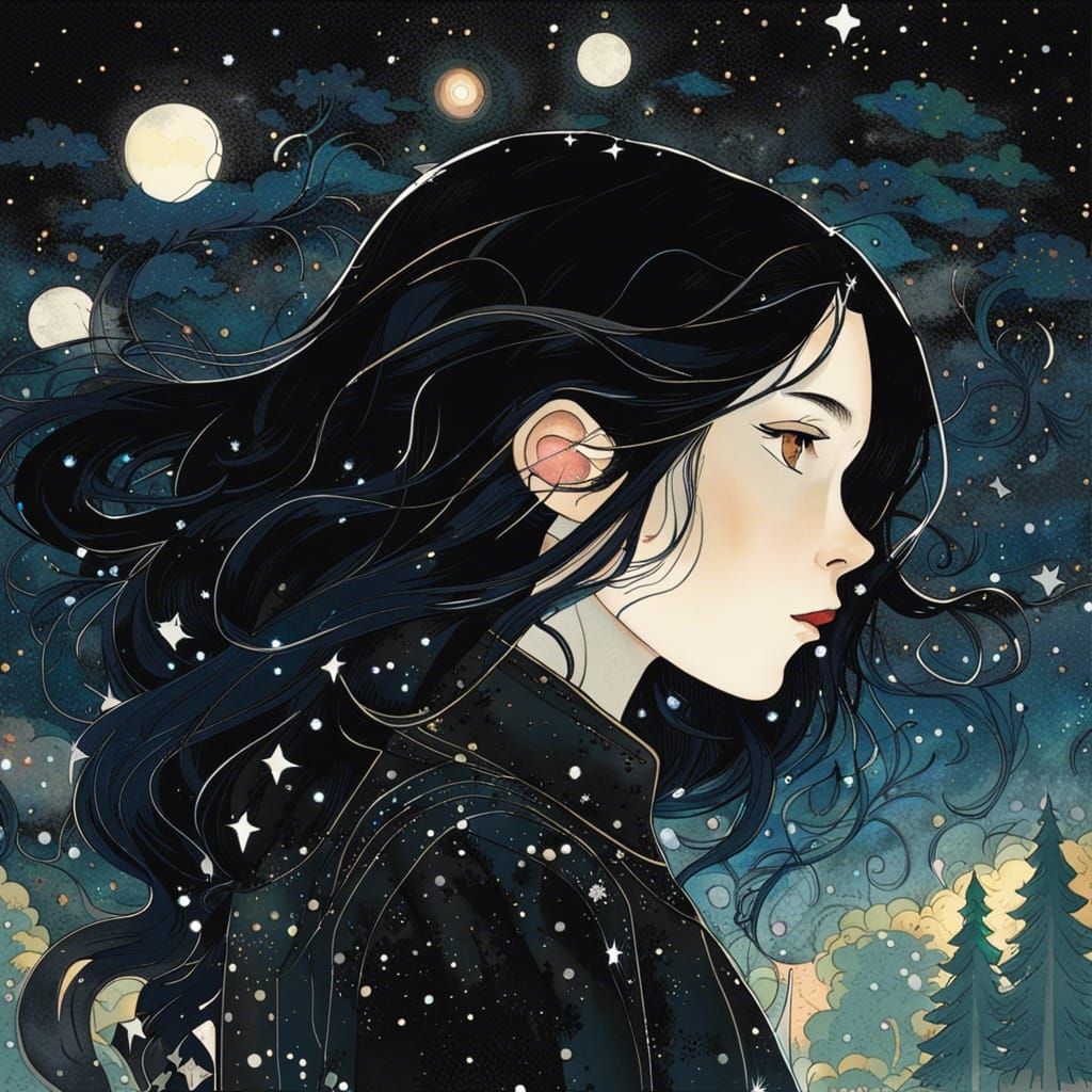 Alluring Woman in Forest, Gouache Style