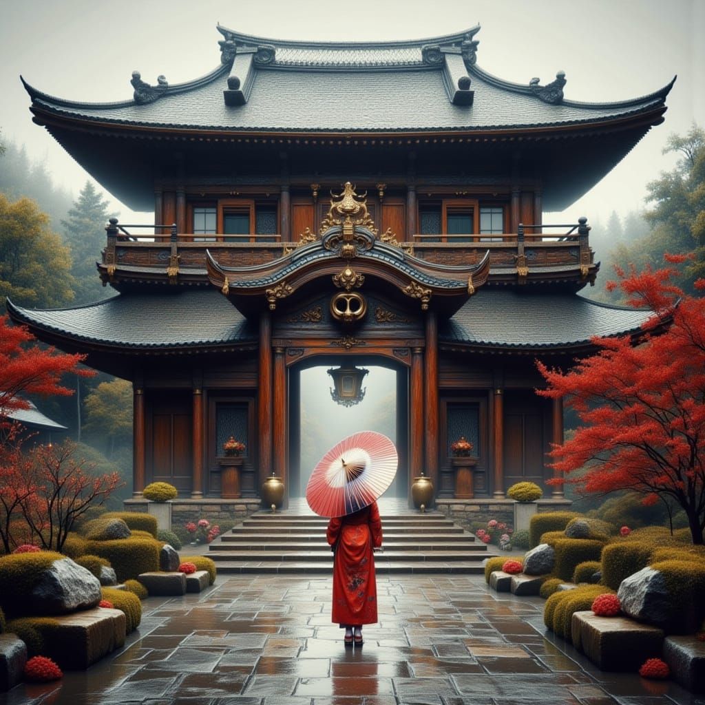 Geisha Before Ancient Temple in Picture Book Style