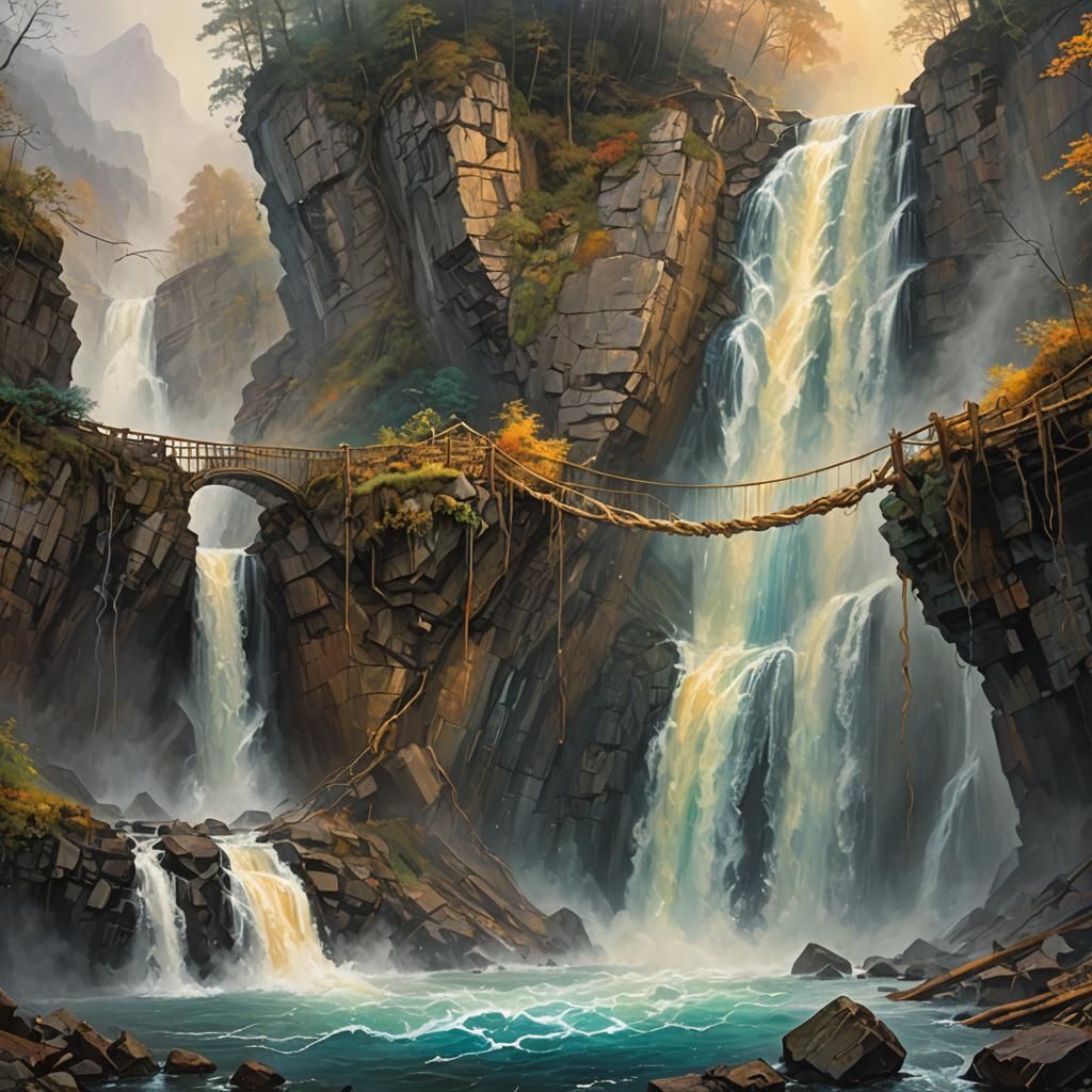 Rope Bridge Collapsing into Waterfall: Fantasy Art