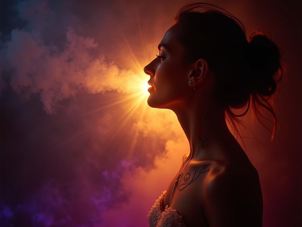 Woman with Sunburst Light Effect in Dim Environment
