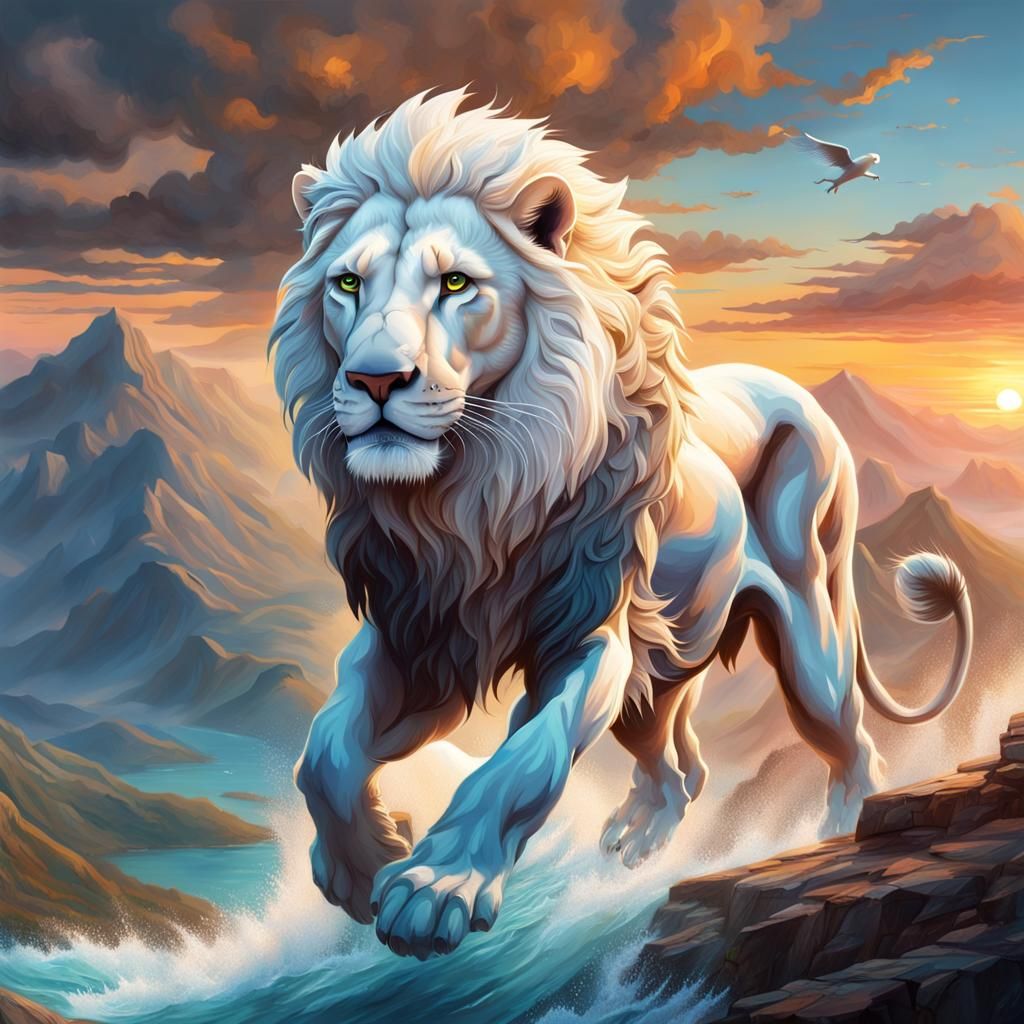 Majestic White Lion Soaring with Water Wings
