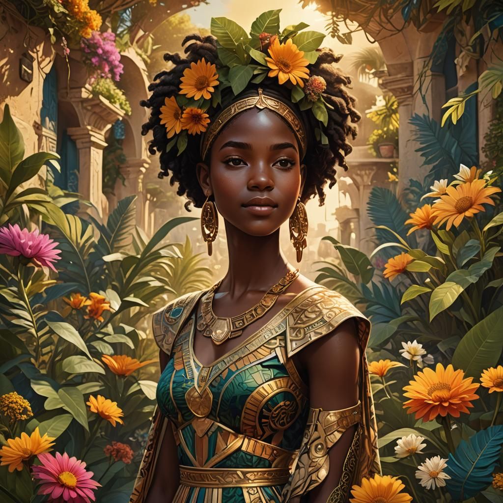 Afrofuturist Girl in Greek Garden: Detailed Matte Painting