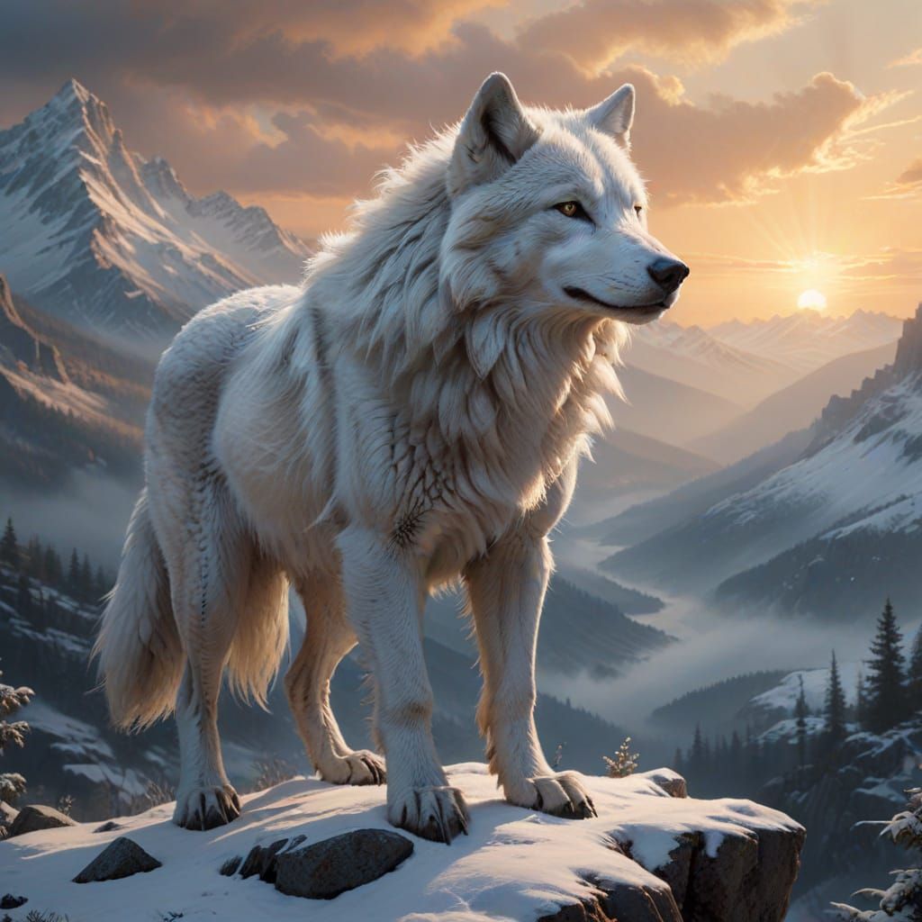 Majestic White Wolf on Mountaintop at Dawn
