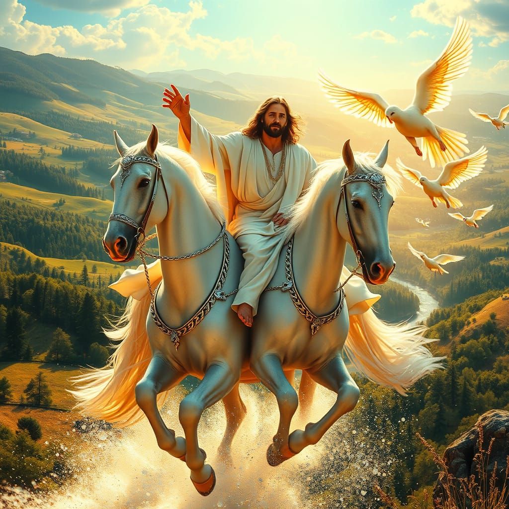 Jesus Riding a Majestic White Stallion in a Radiant, Hyperre...