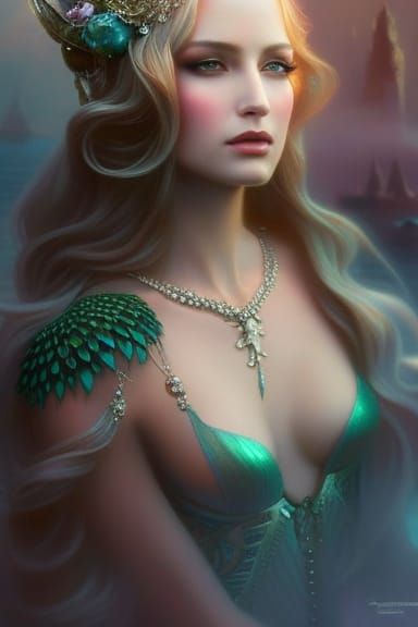 Mermaid Goddess in Fantasy Gown, Hyper-Detailed Digital Art