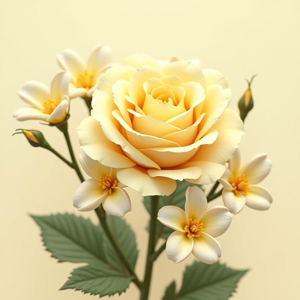 Light Yellow Rose with Fig Leaves, Photorealistic Digital Ar...