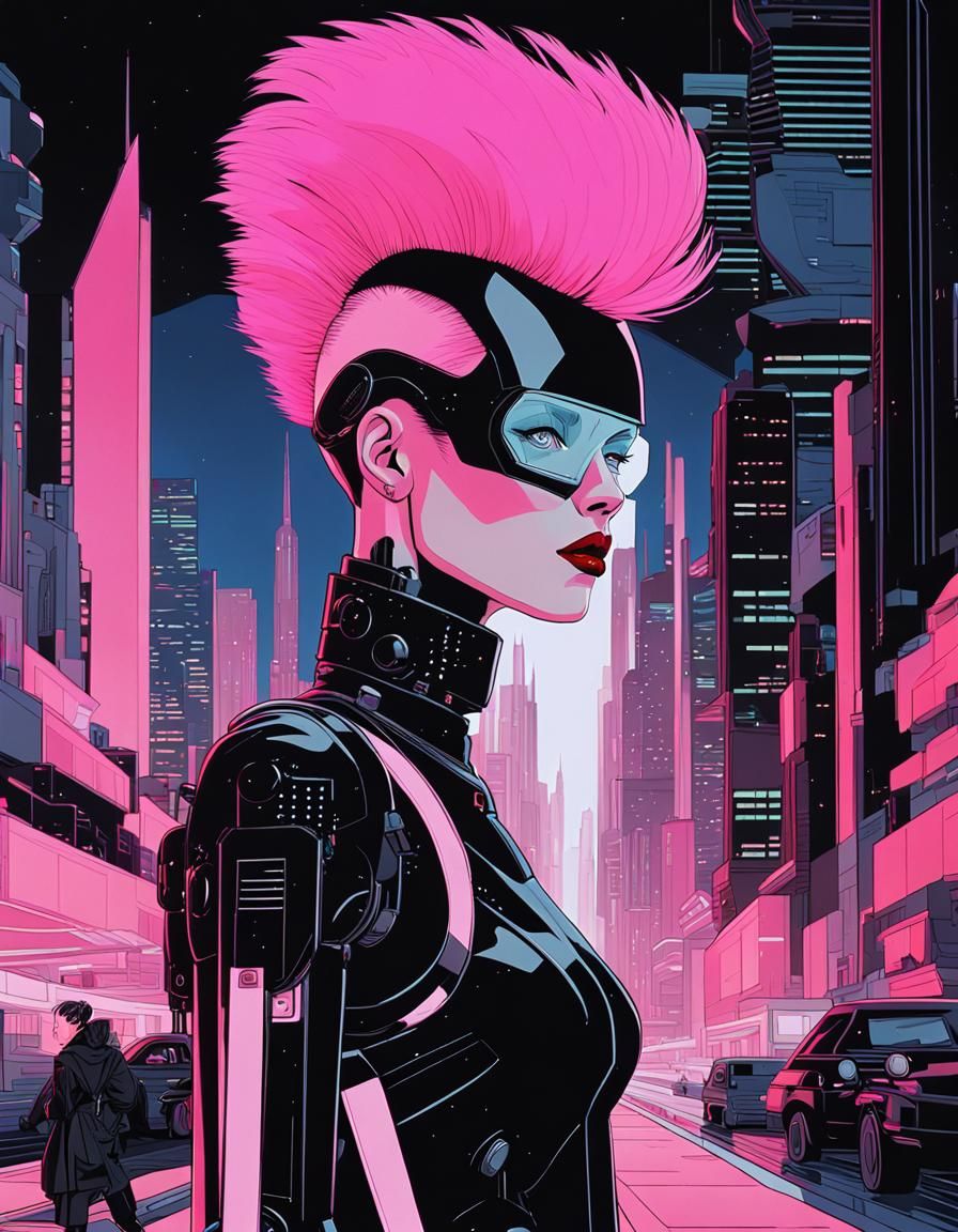 Cyborg Punk Girl in Cyberpunk City Night