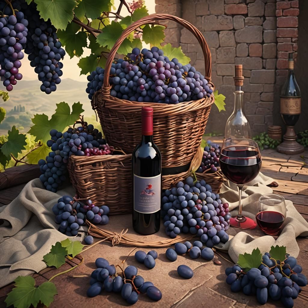 Purple Grapes and Red Wine Still Life