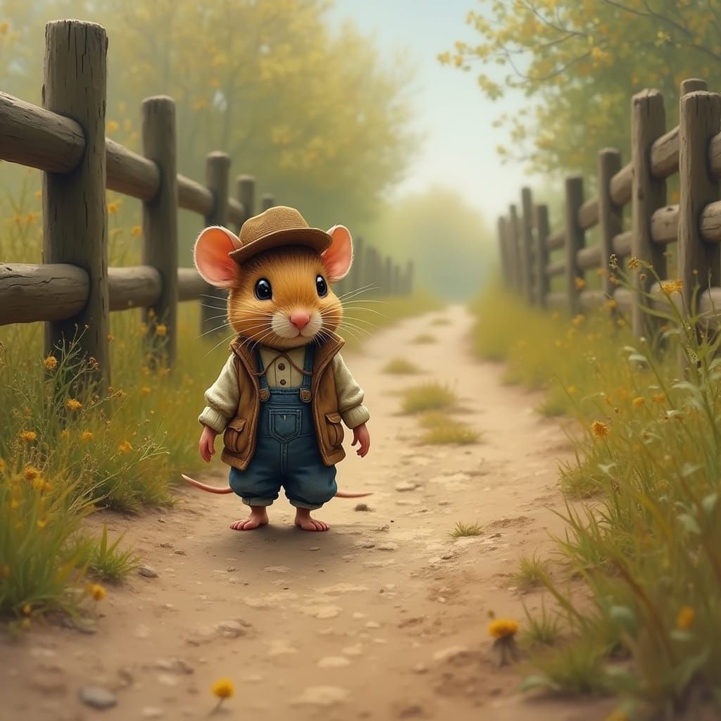 Mouse in Country Outfit on Dirt Road Oil Painting