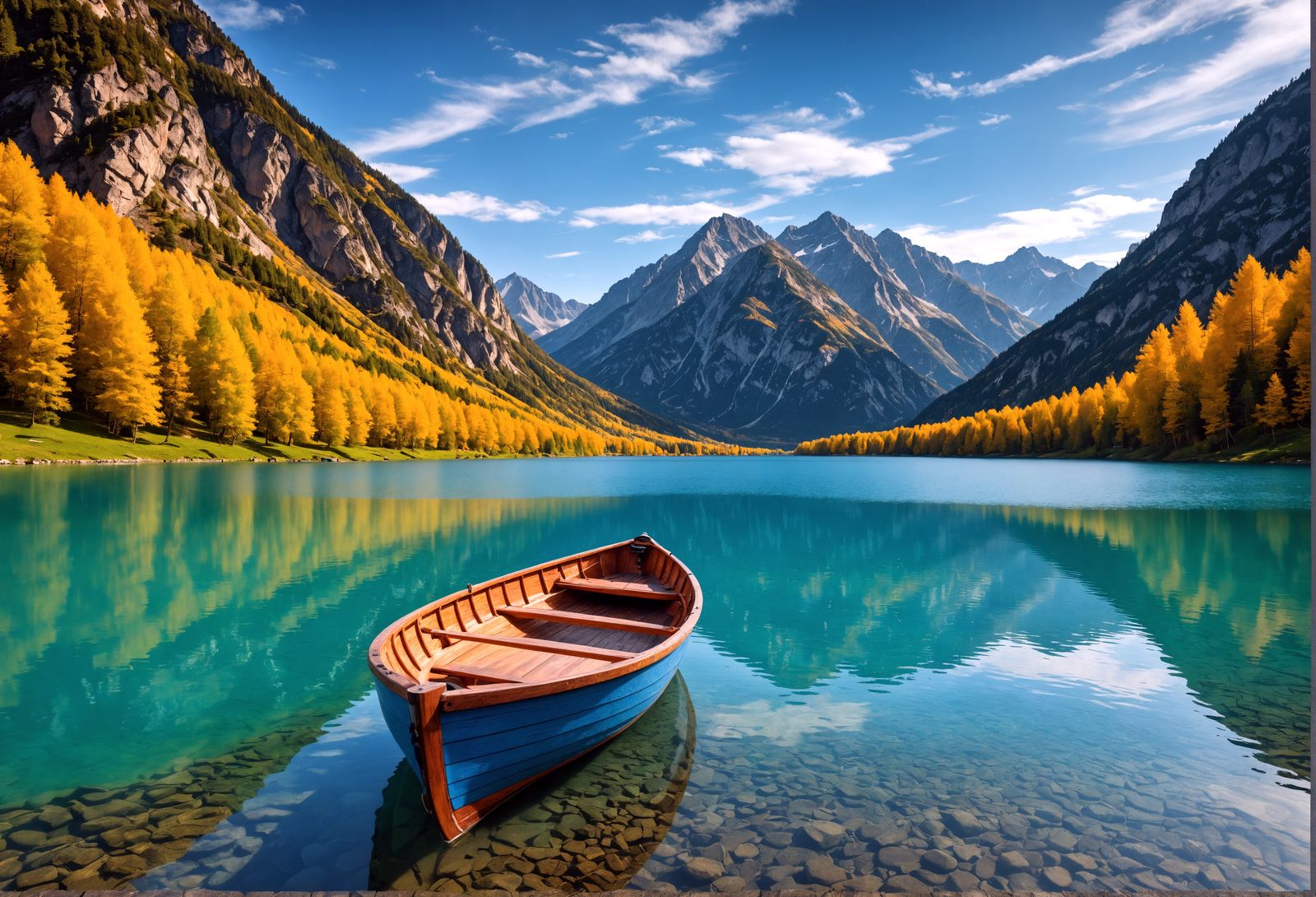 Wooden Rowboat on Mountain Lake: Hyperrealistic HDR