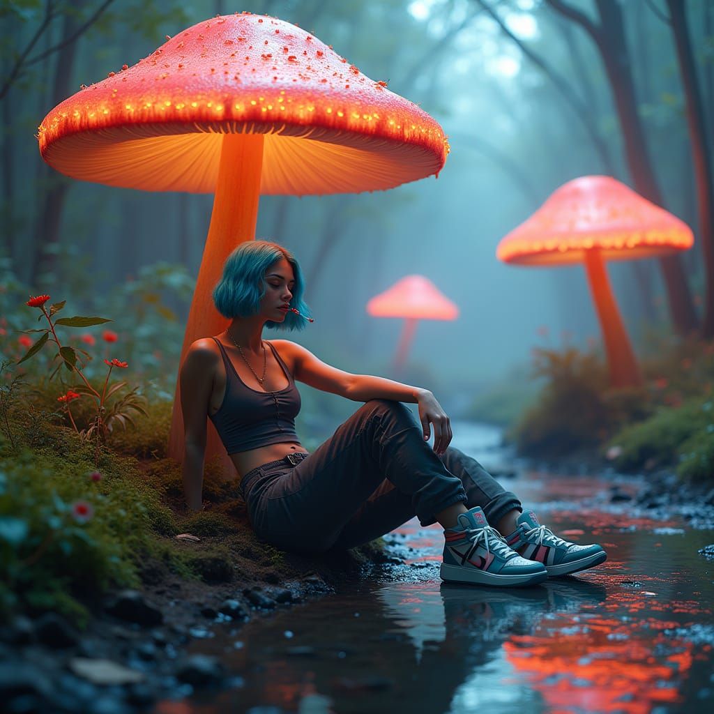 Woman in Alien Mushroom Forest, Digital Art