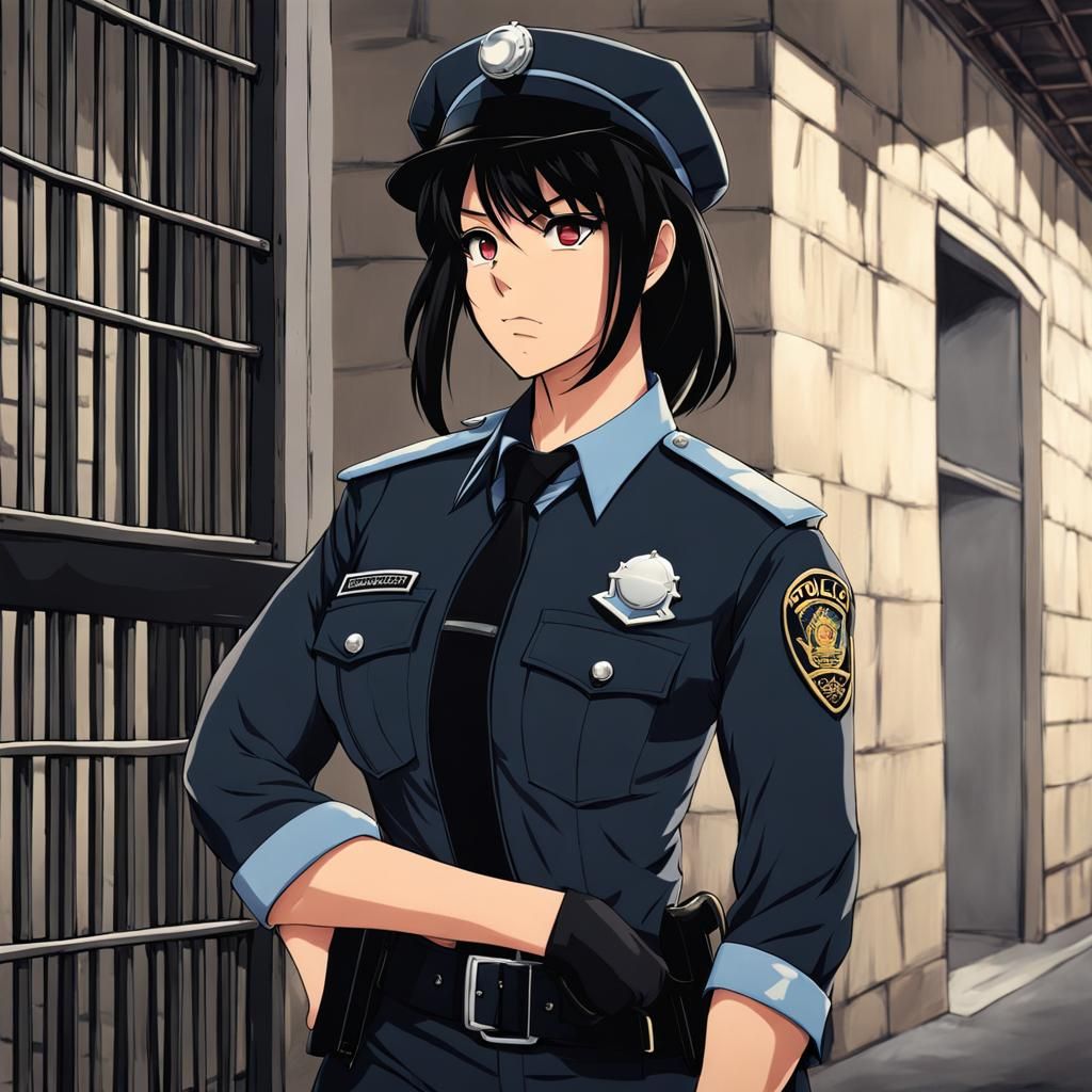 Muscular Anime Police Officer Against Prison Wall