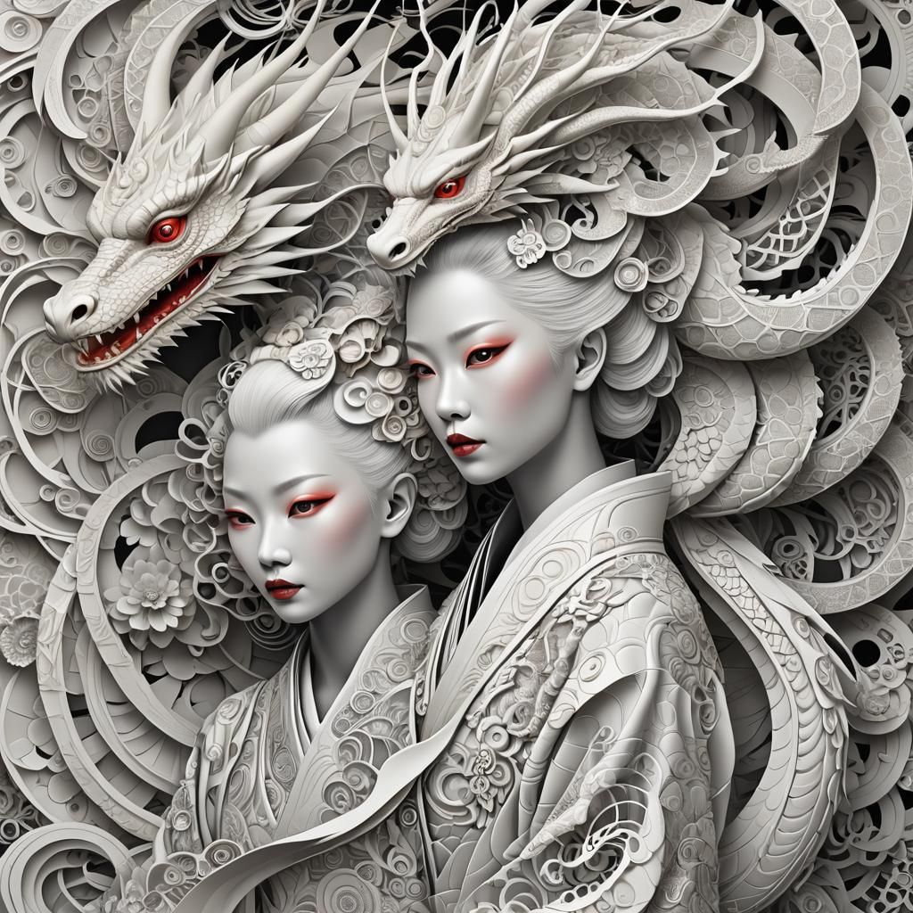 Albino Geisha and Dragon with Abstract Fractal Design