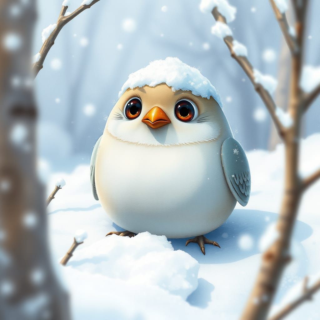 Surreal Bird in Snowy Wonderland, Watercolor Style