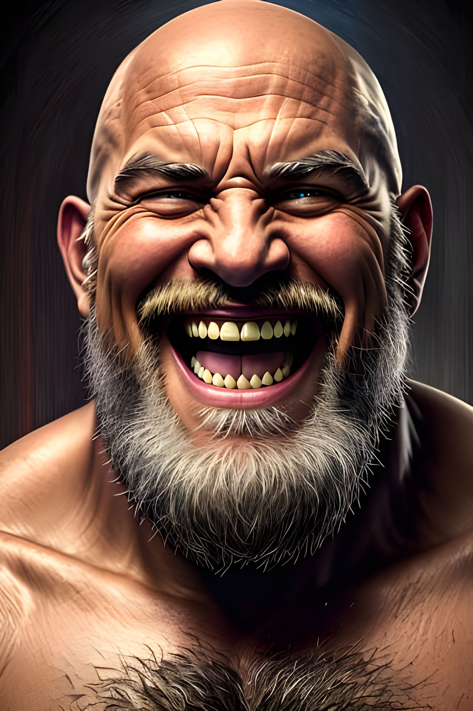 Laughing Bald Elder God Portrait in Hyperrealism