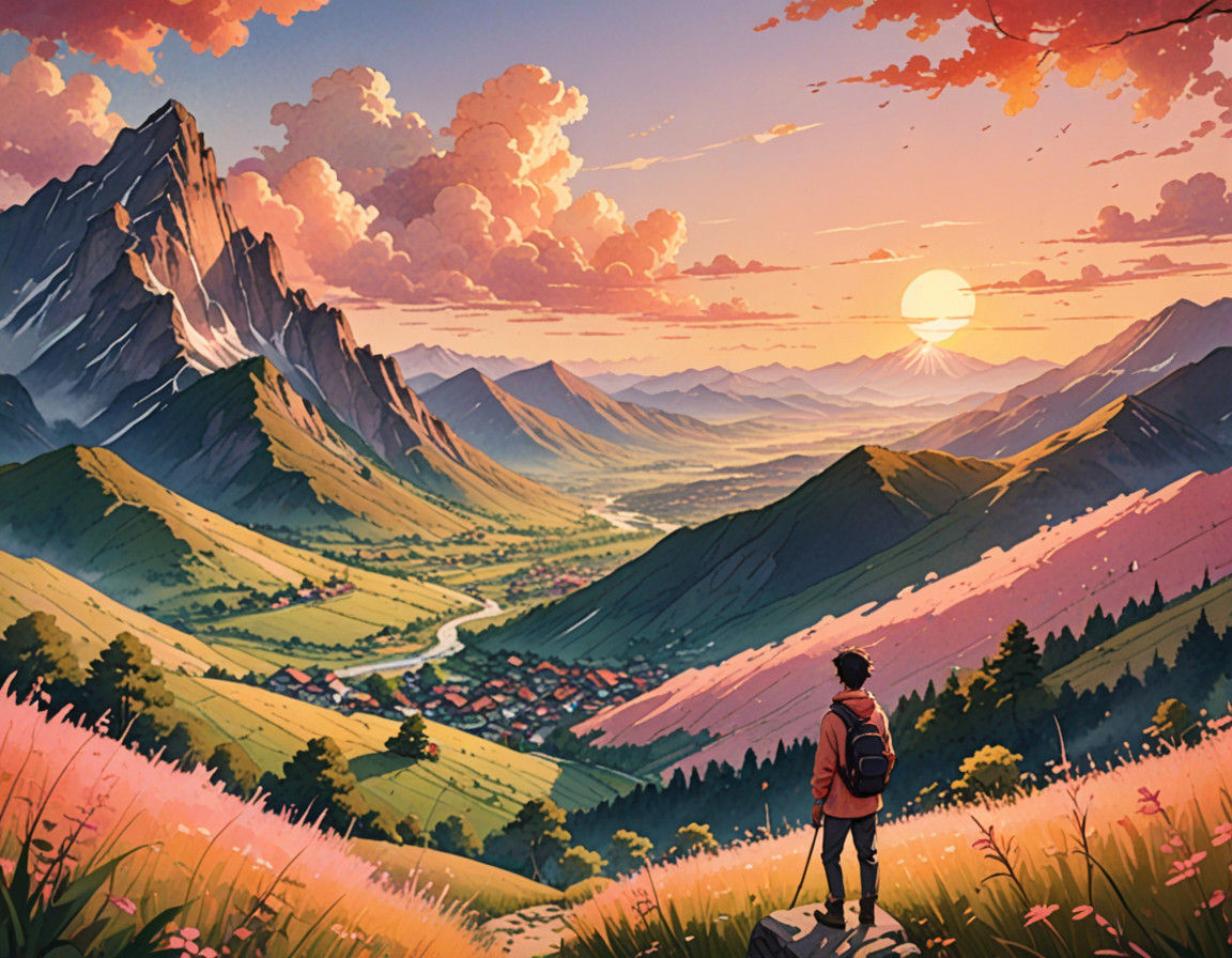 Vibrant Anime Watercolor Sunset Over a Japanese Village