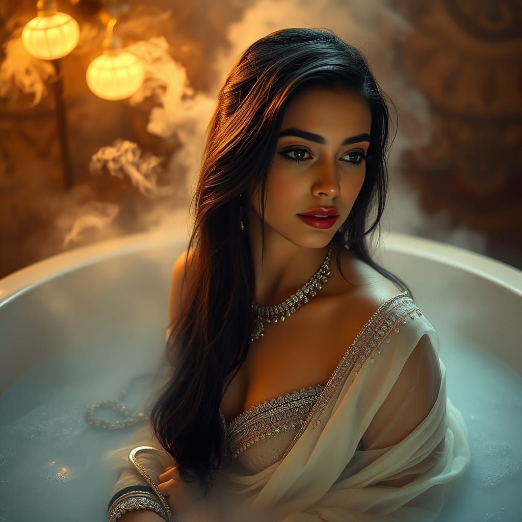 Enchanting Portrait of a Young Woman in a Steamy Bath