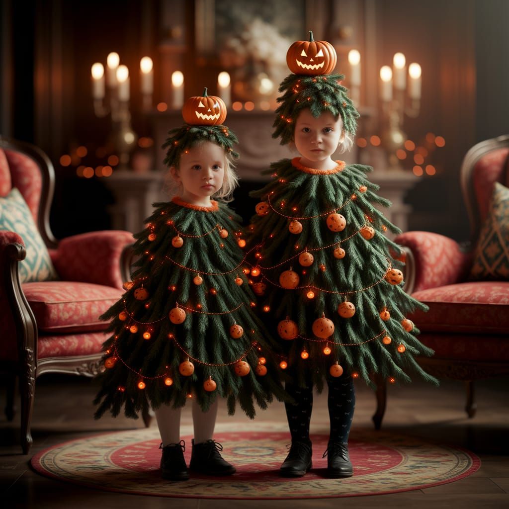 Children Dressed as Halloween Christmas Trees