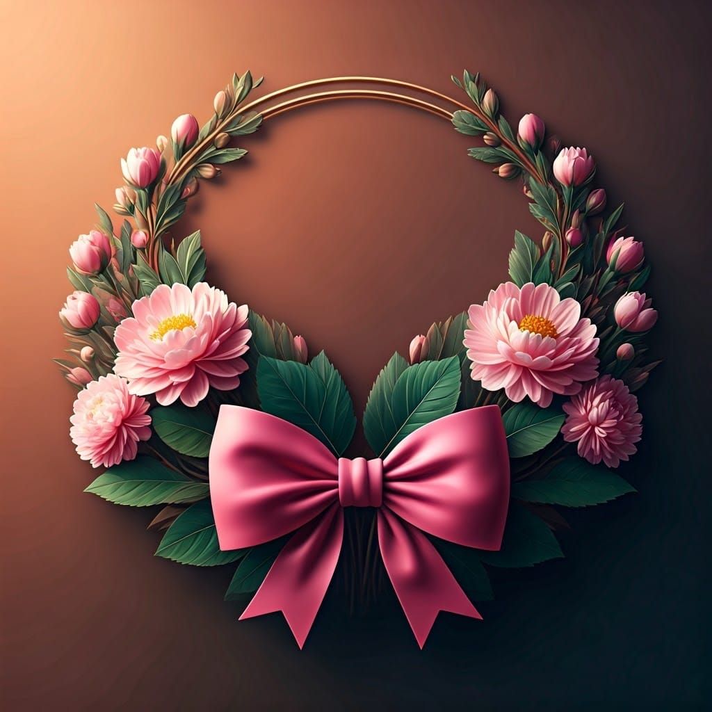 Pink Floral Frame with Bow, Hyperrealistic Style