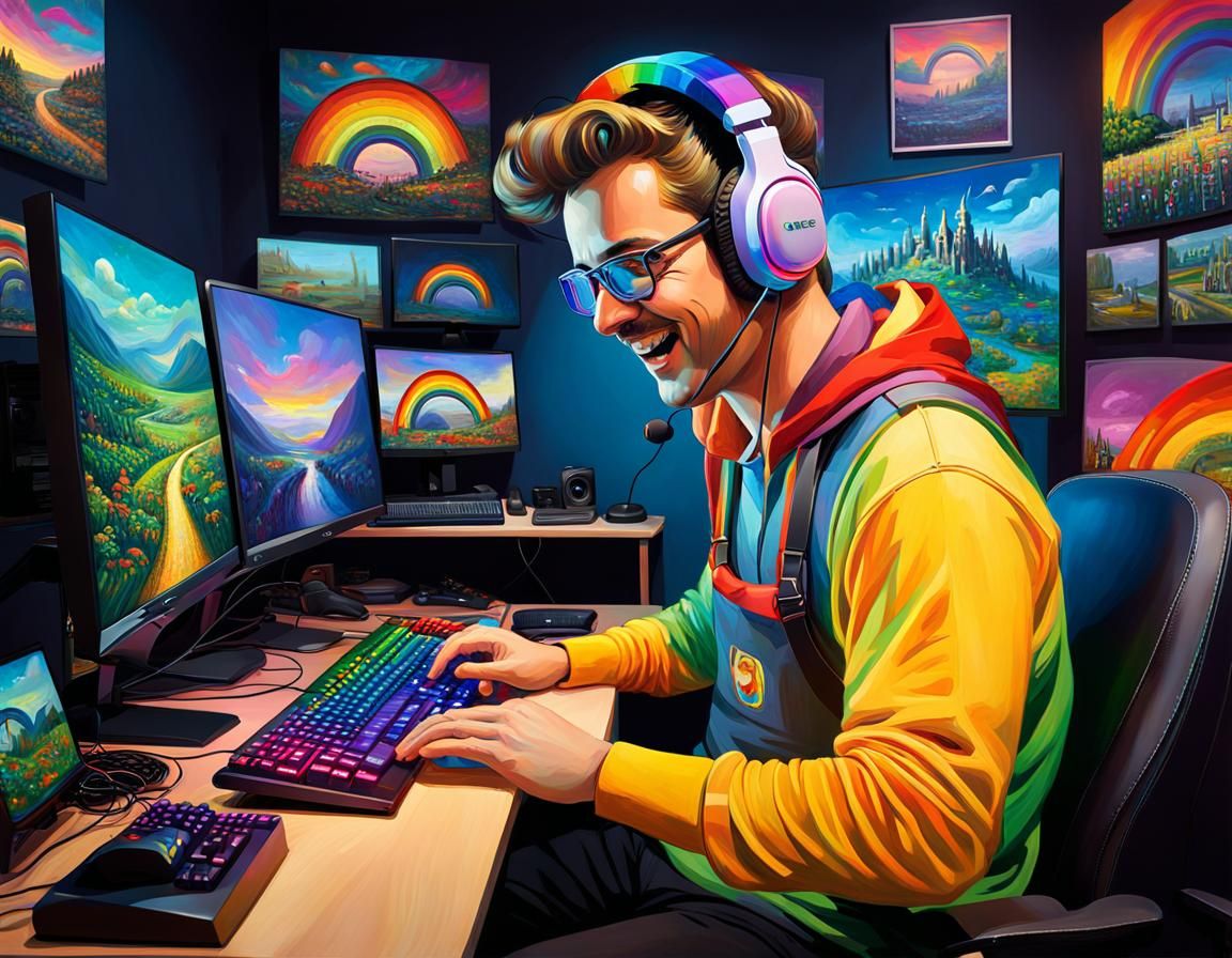 Happy Gamer with Rainbow Gear, Expressionist Street Art