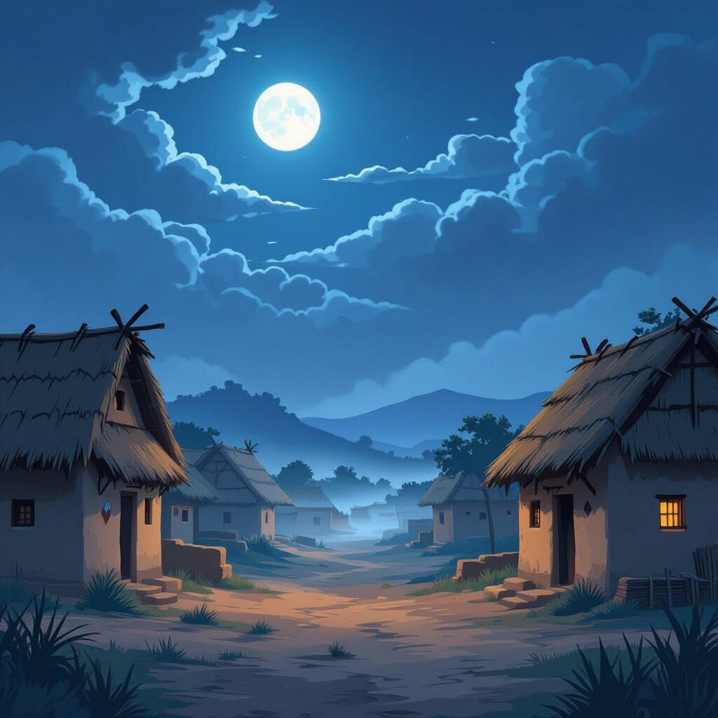 Nighttime Indian Village Scene in Cartoon Style