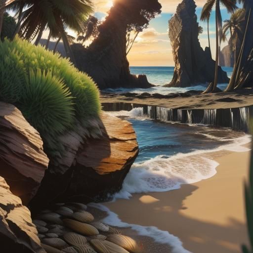 Sunny Beach Scene with Ocean Waves and Clouds