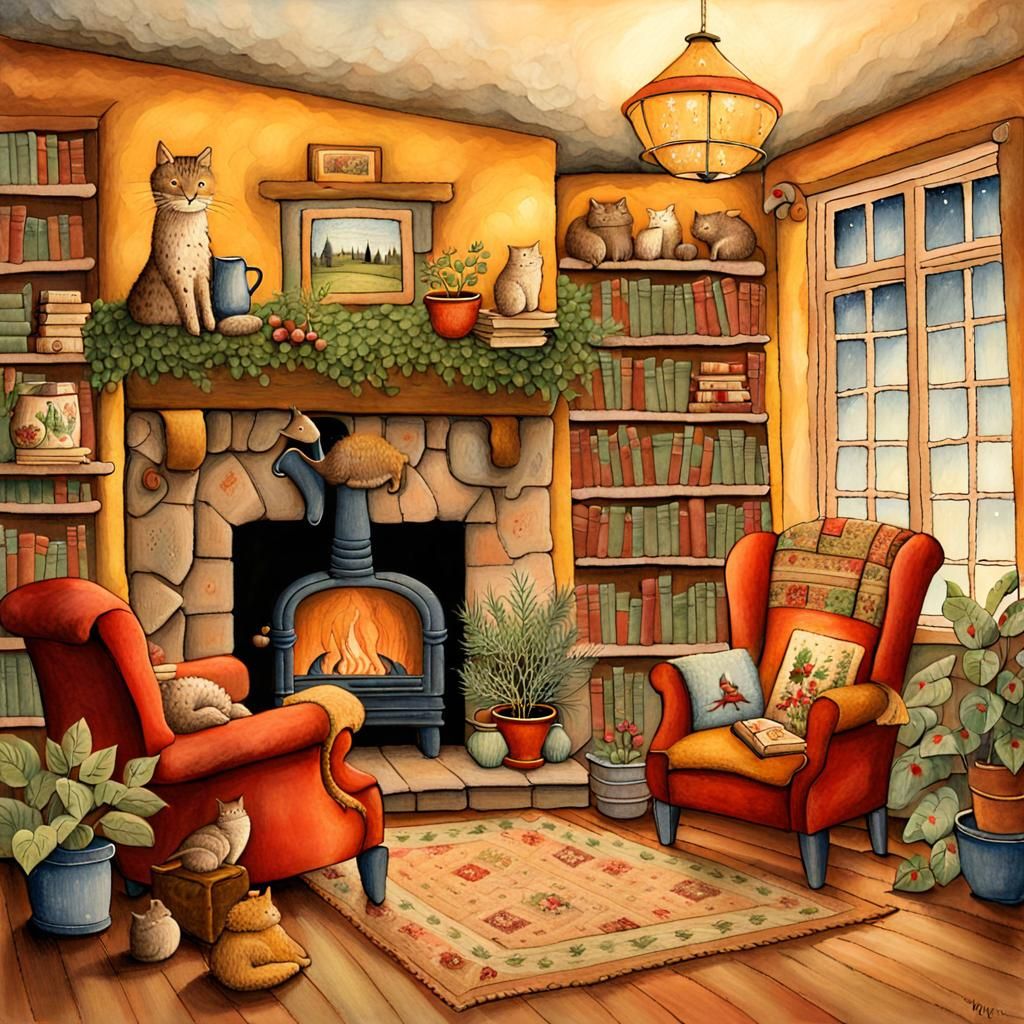 Cozy Home Interior in Whimsical Folk Art Style