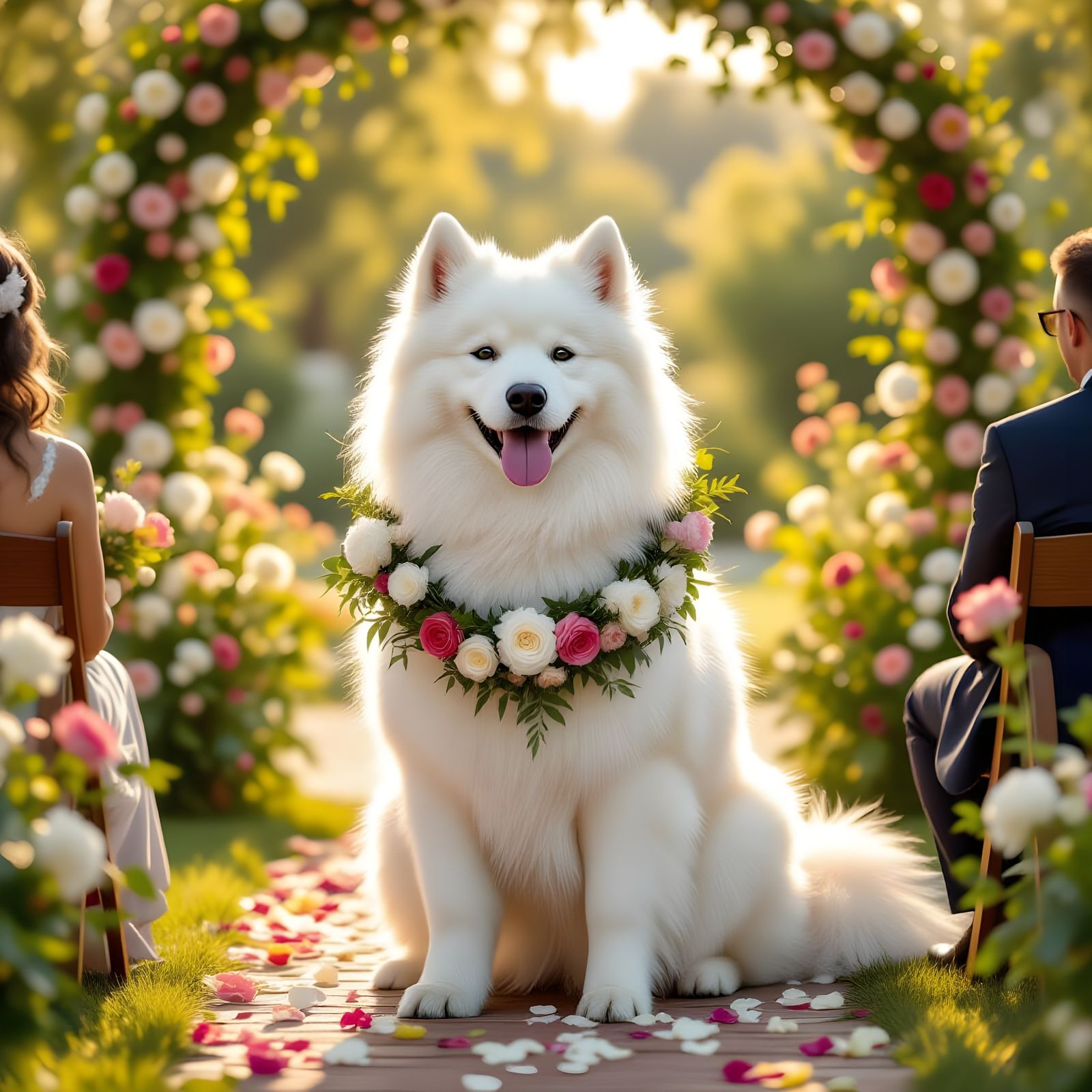 Samoyed Dog at Altar in Garden Wedding