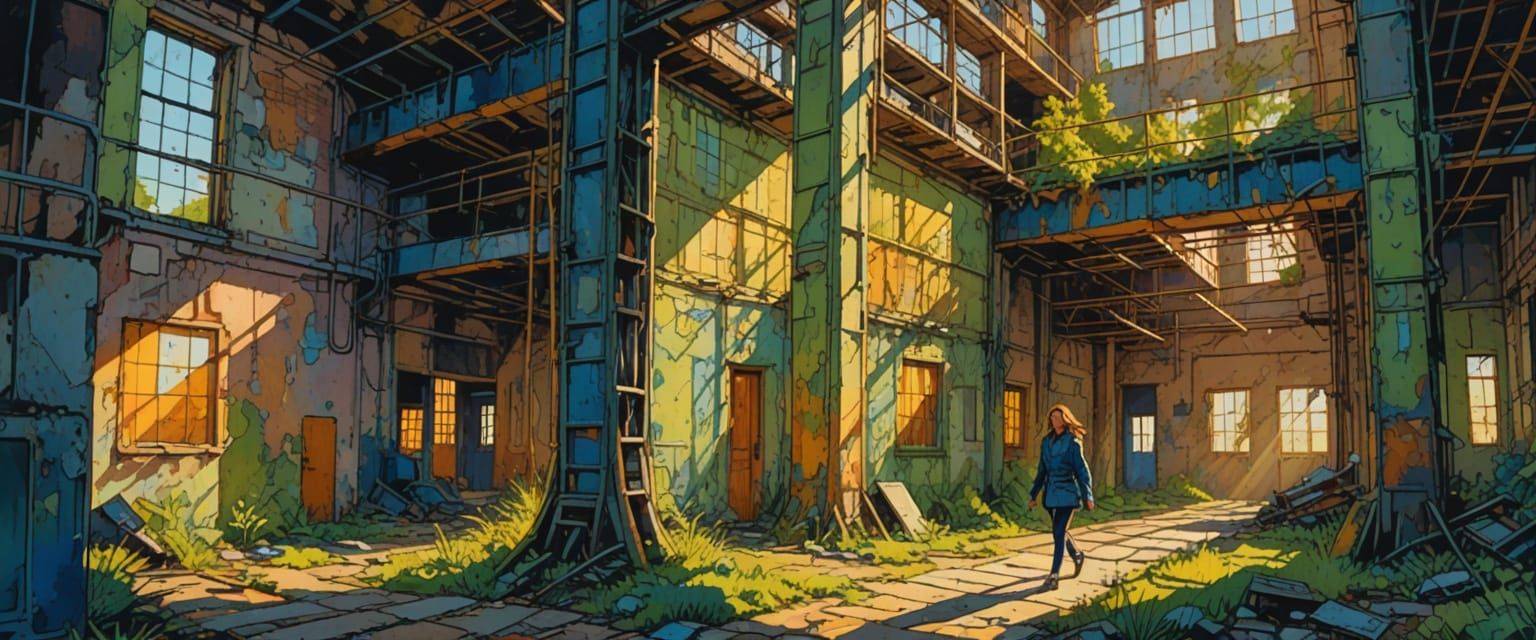 Walking Through Abandoned Factories in Watercolor Comic Styl...