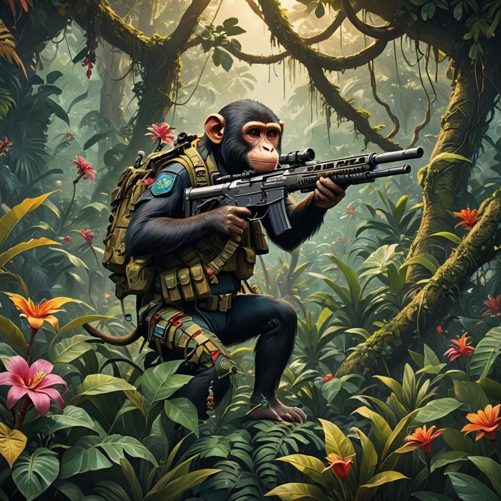 Monkey Sniper in Jungle: Vibrant Concept Art