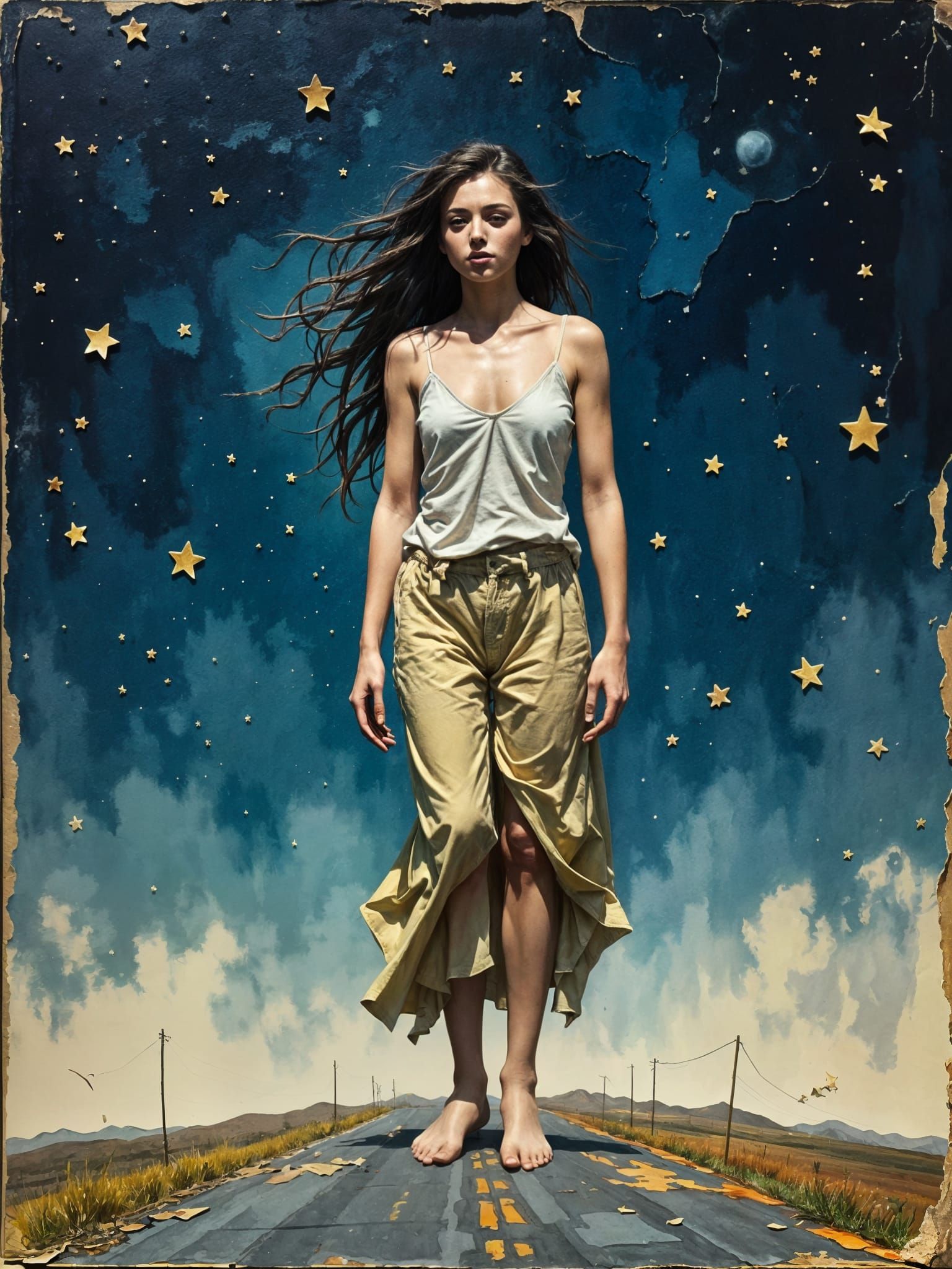 Ethereal Watercolor Painting of Woman Amid Falling Stars