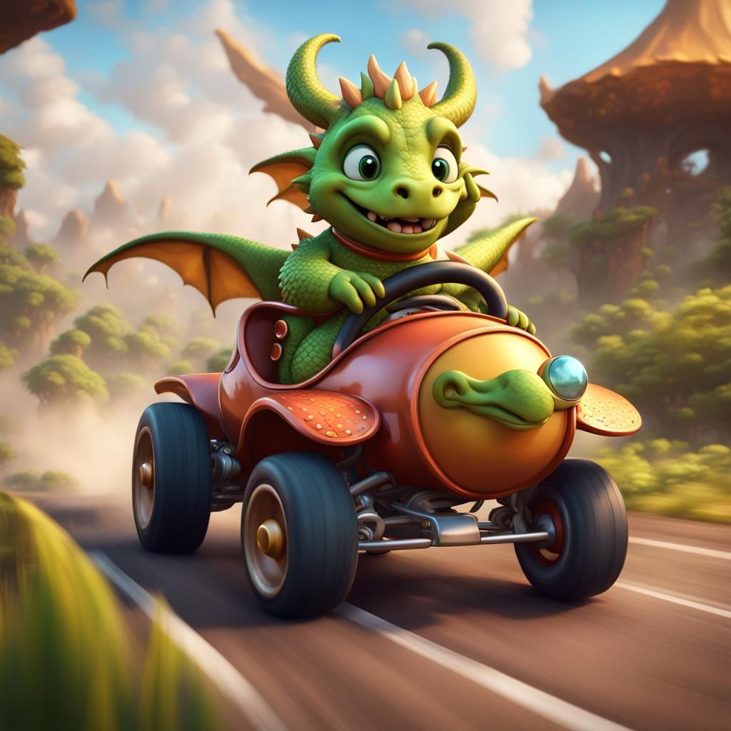 Happy Dragon Racecar Cartoon: Detailed Fantasy Art