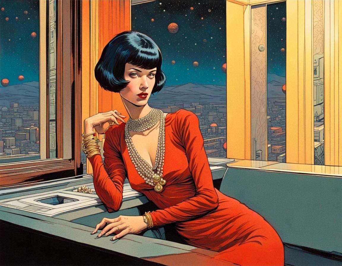 Retrofuturist Queen in Spaceship with Dog