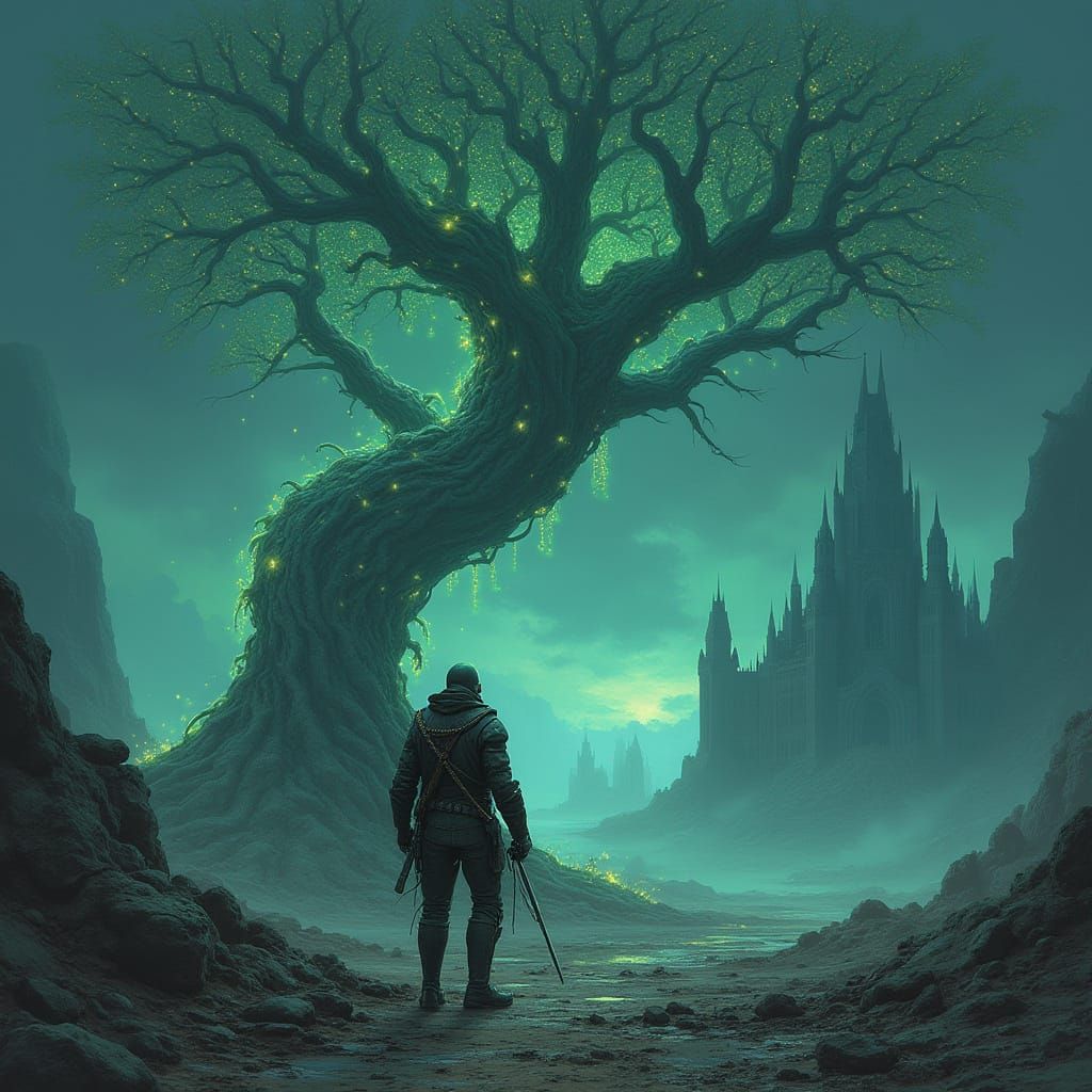 Cyborg Silhouette on Alien World: A Surreal Vista