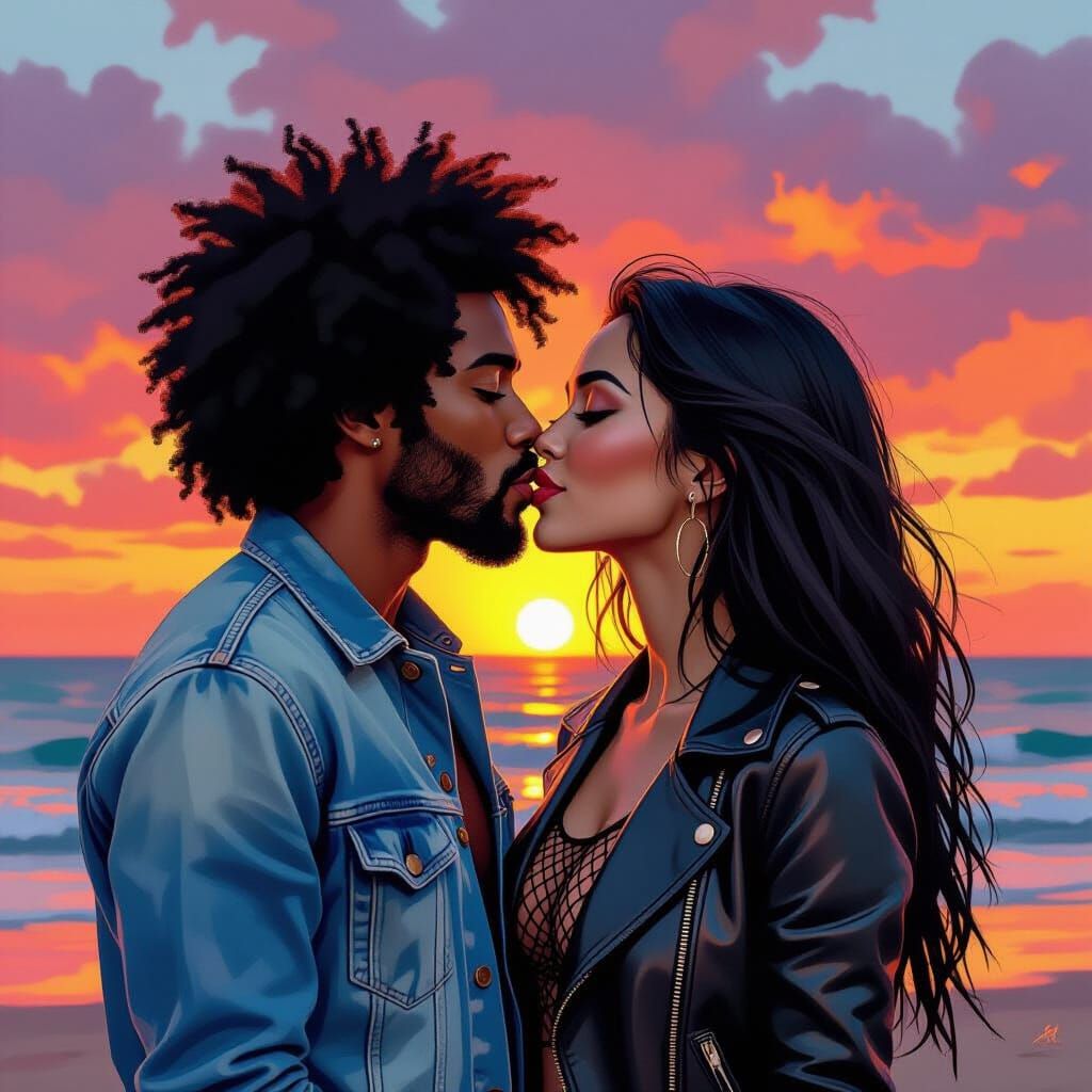 Sunset Beach Kiss in Expressive Gouache Style