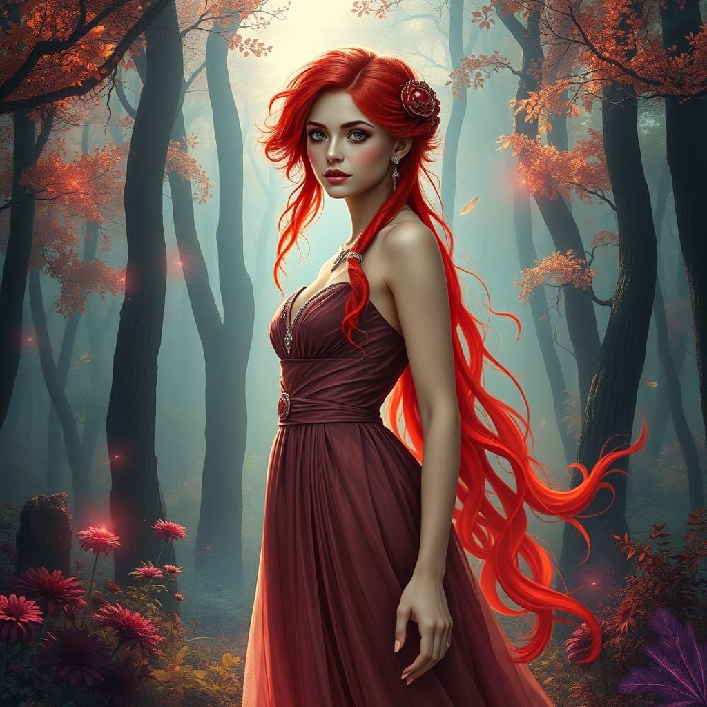 Fiery Haired Woman in Mystical Futuristic Forest