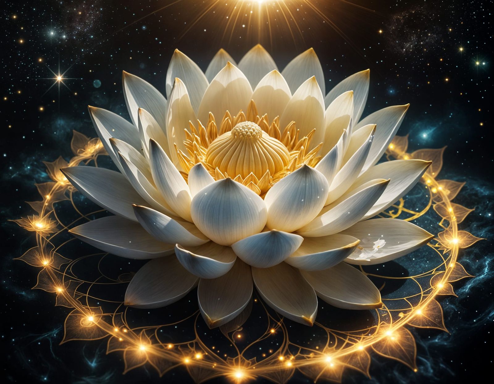 Radiant Lotus in Cosmic Void with Sacred Geometry
