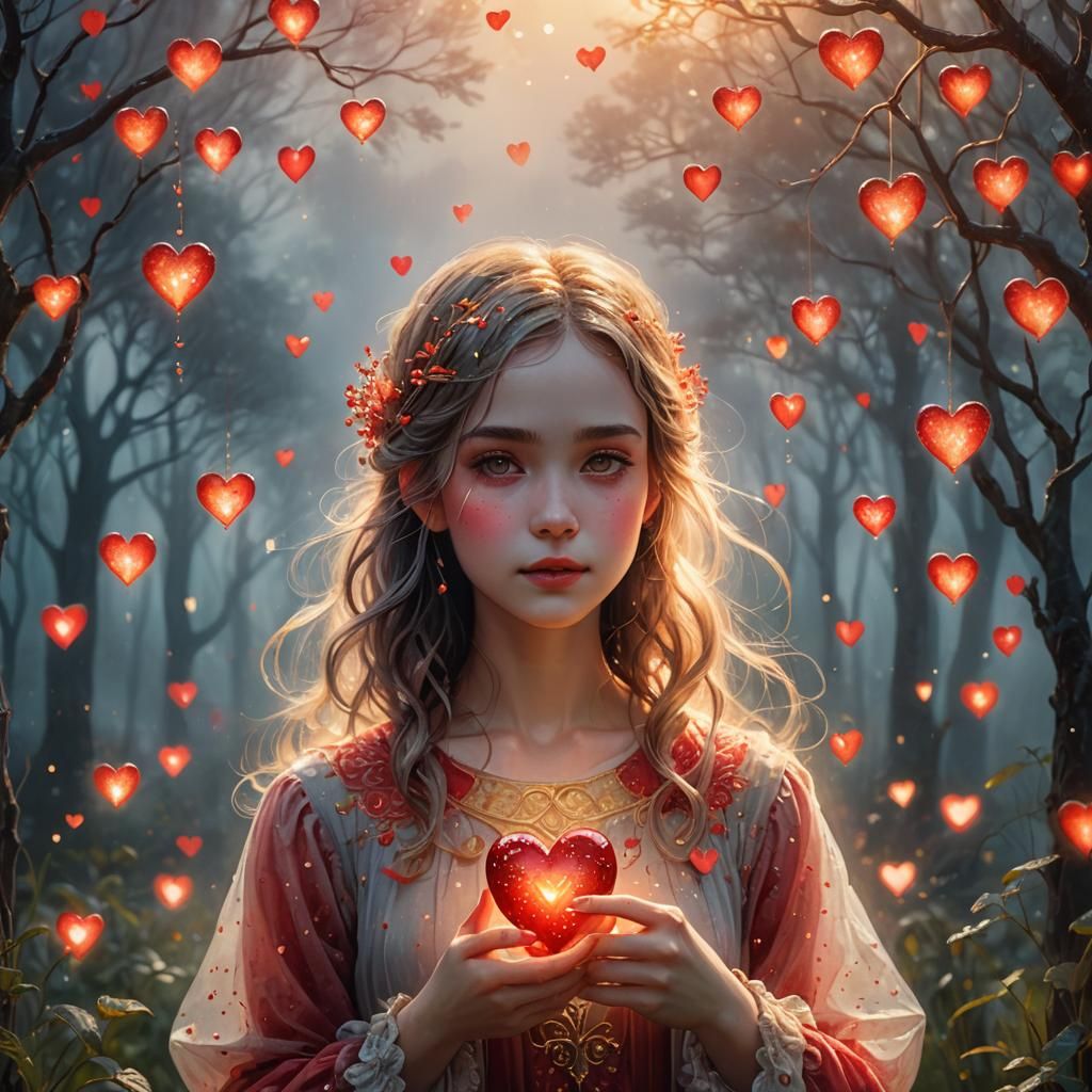 Girl with Heart in Misty Garden, Watercolour Style