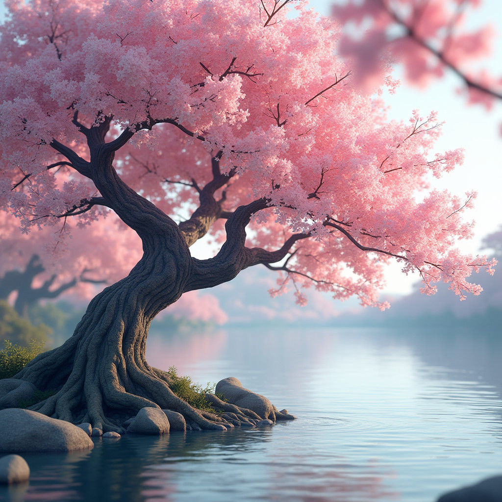 Sakura Tree in Bloom by Lake: Anime-Inspired 3D Art