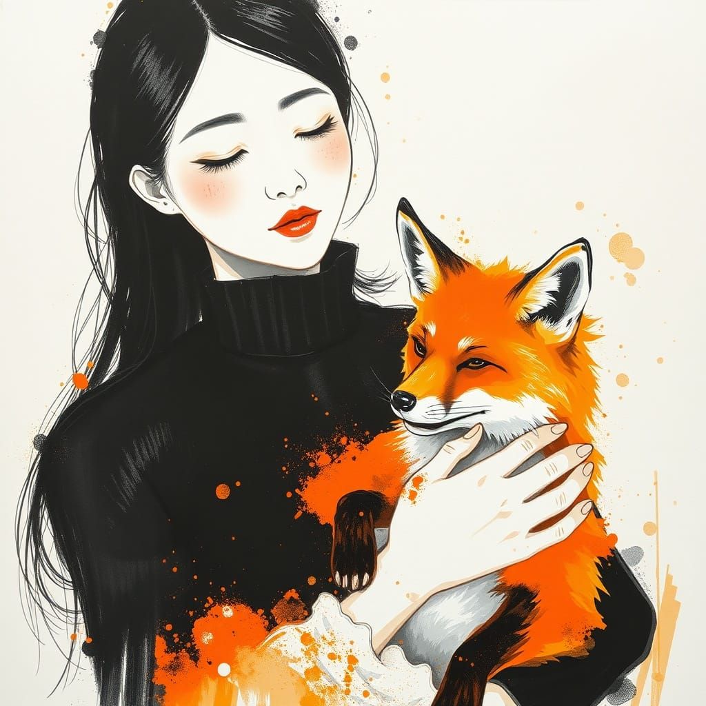 Asian Woman Holding Fox in Abstract Orange and White