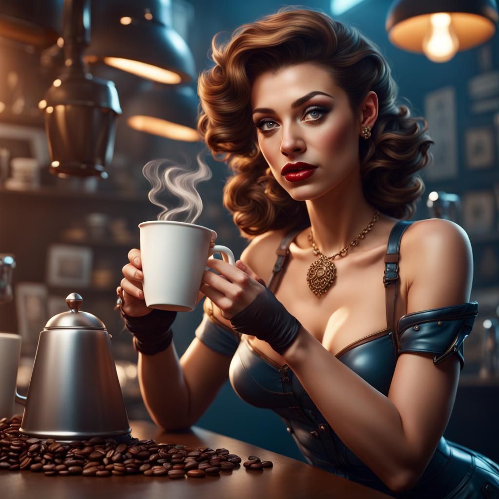 Hyperrealistic Coffee Pinup Girl in Detailed Matte Painting