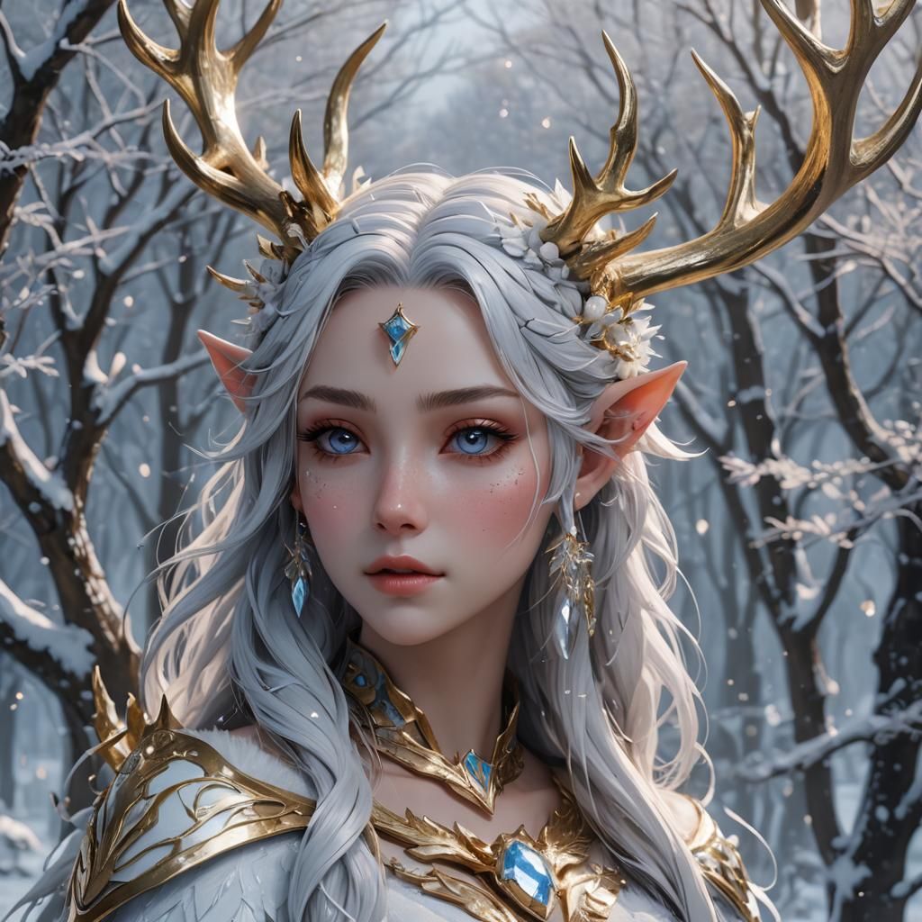 Ice Fae with Gilded Antlers in 3D Anime Style
