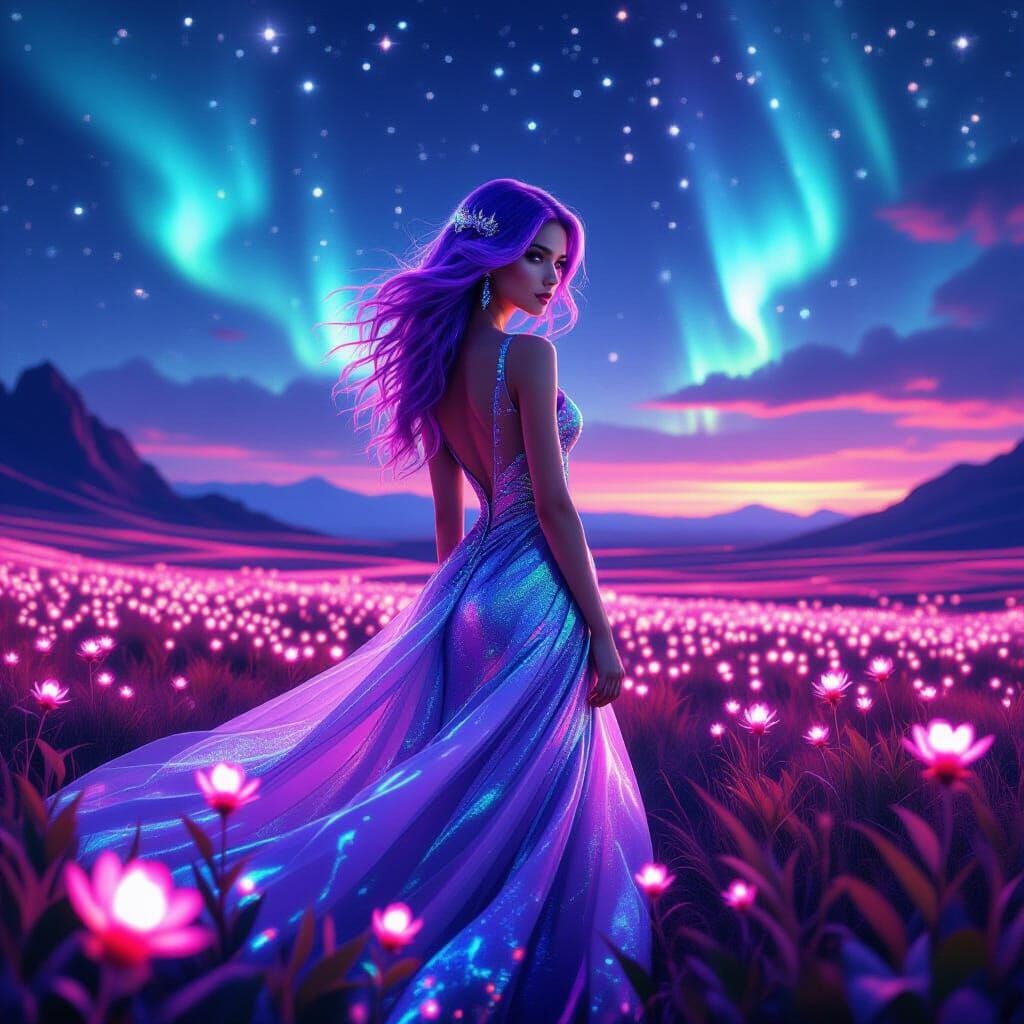 Woman with Purple Hair on Alien Planet, Hyperrealistic Art