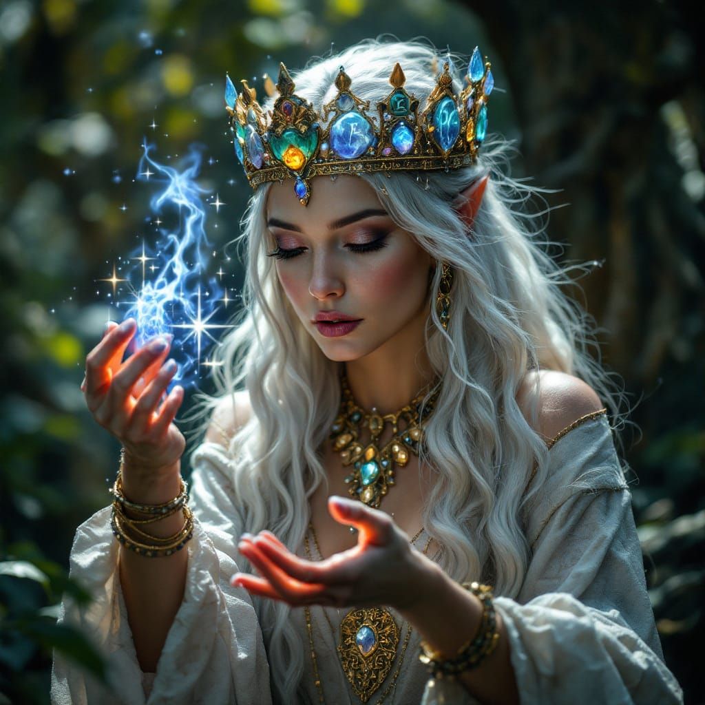Ancient Elven Sorceress Reads Magic in Enchanted Forest