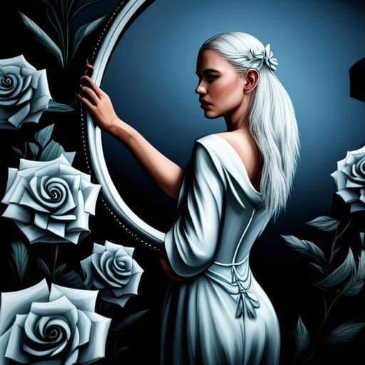 Woman Before Mirror with Roses in Splash Art