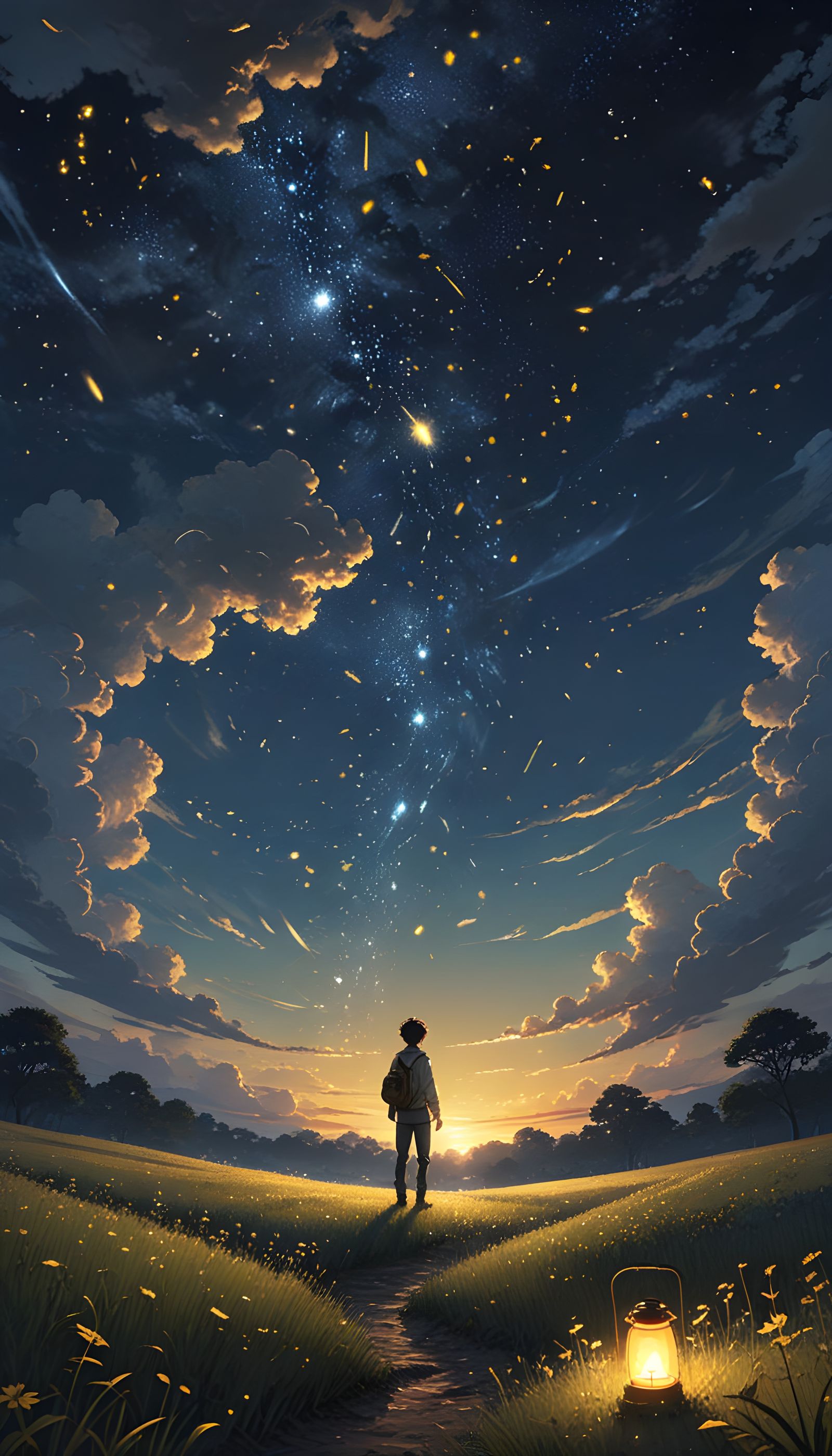Whimsical Nighttime Scene with Star-Filled Sky and Gentle Gl...