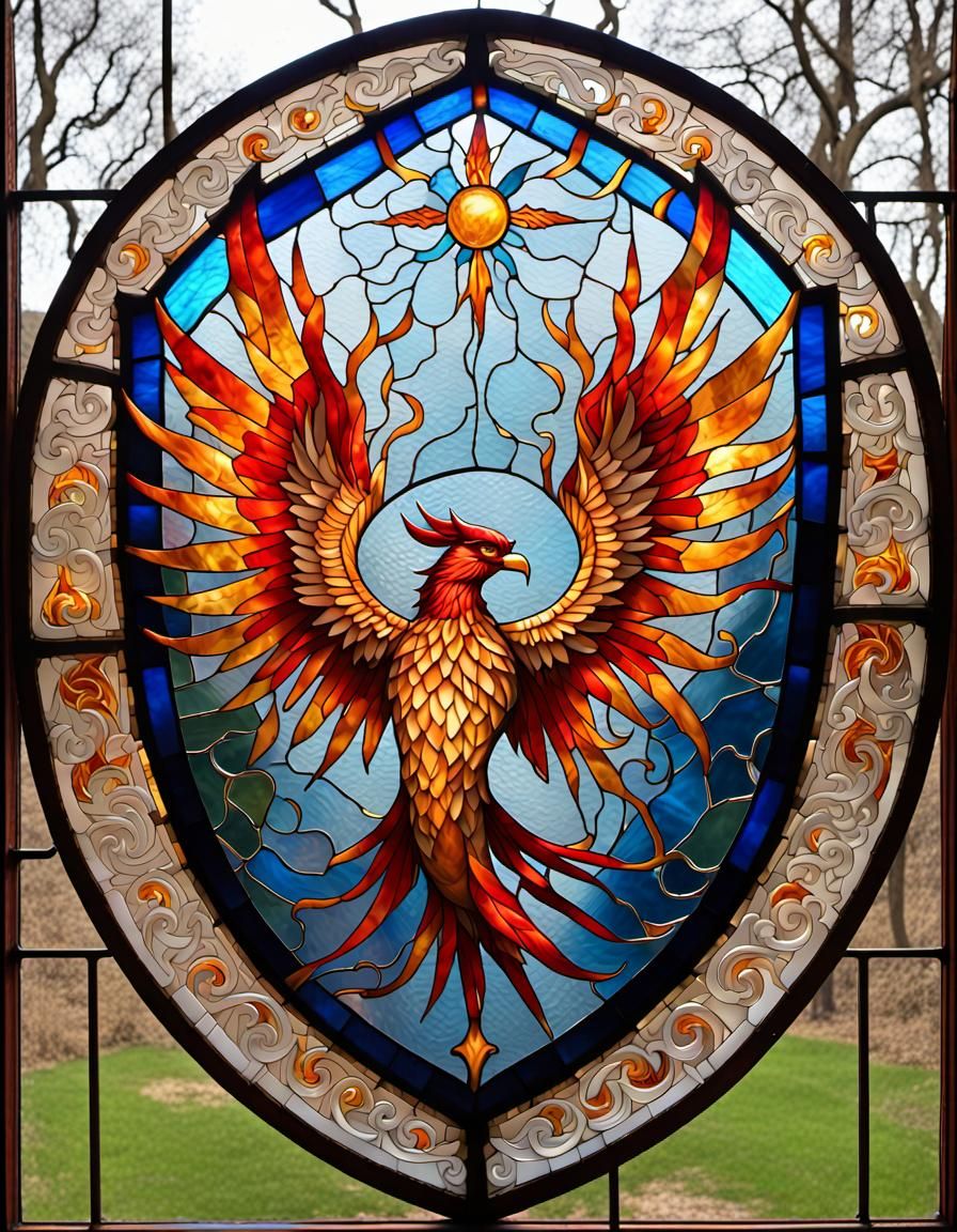 Phoenix Stained Glass Battle Shield, 13th Century Style