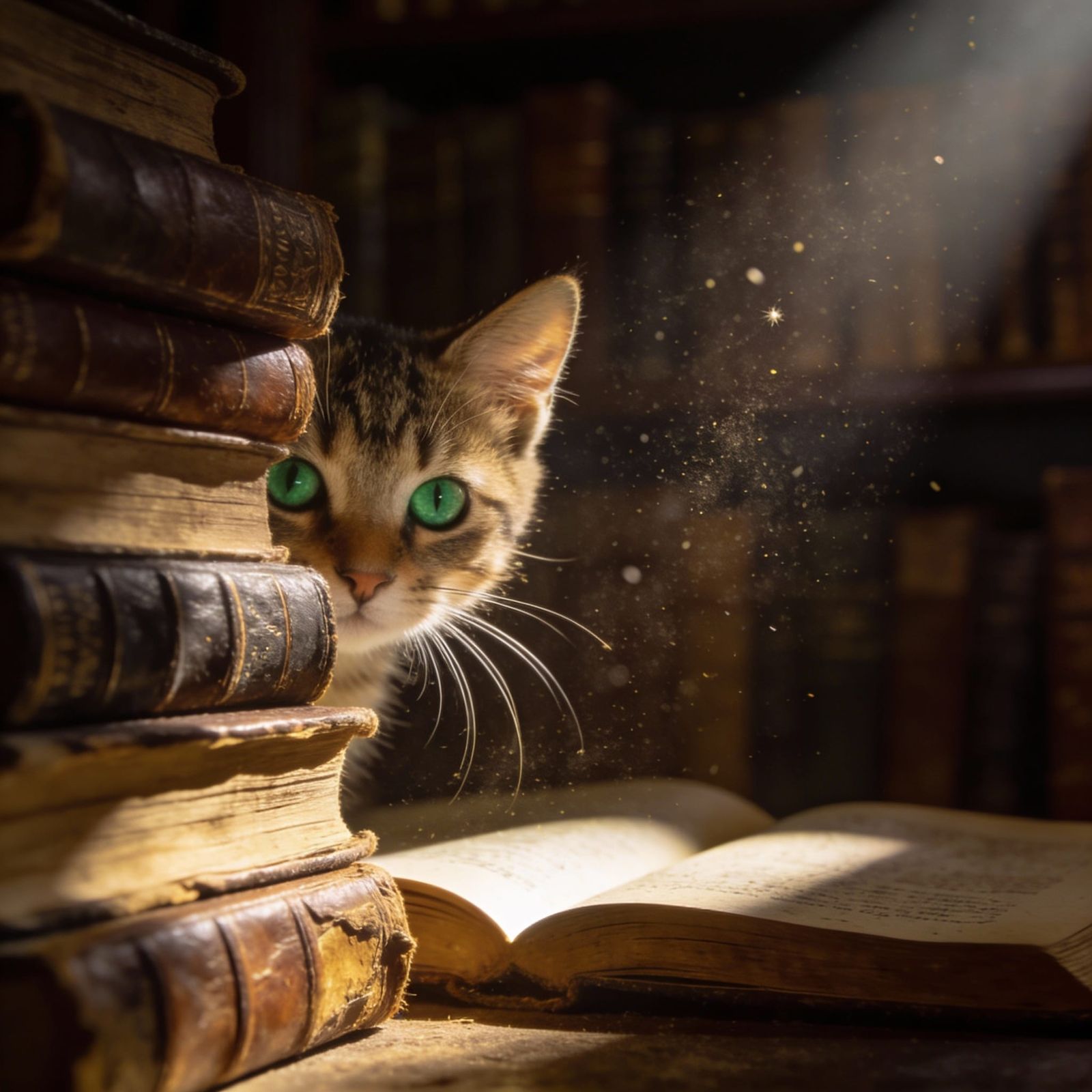 Mischievous Kitten Hiding in Dimly Lit Library