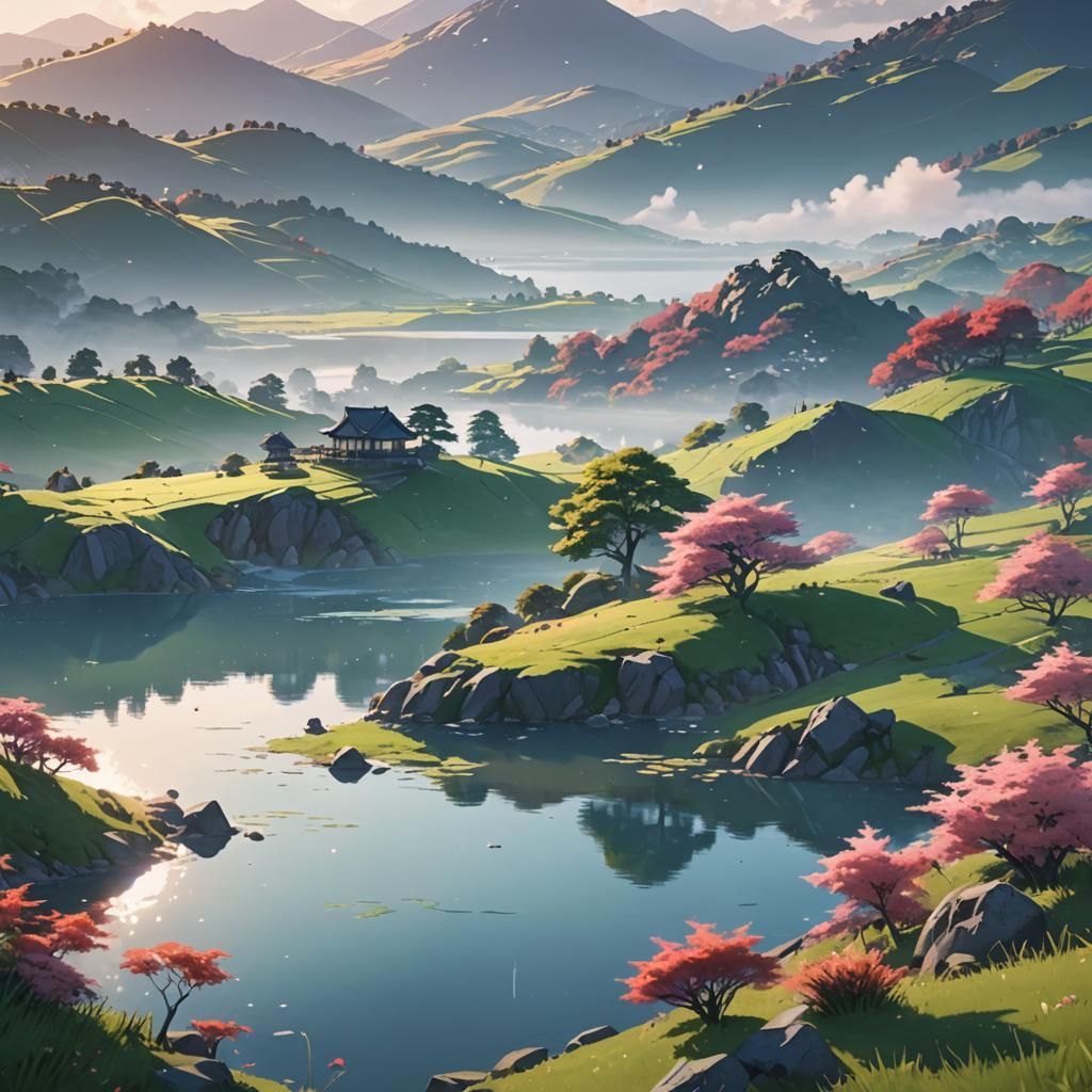 Anime Landscape with Rolling Hills and Glossy Lake